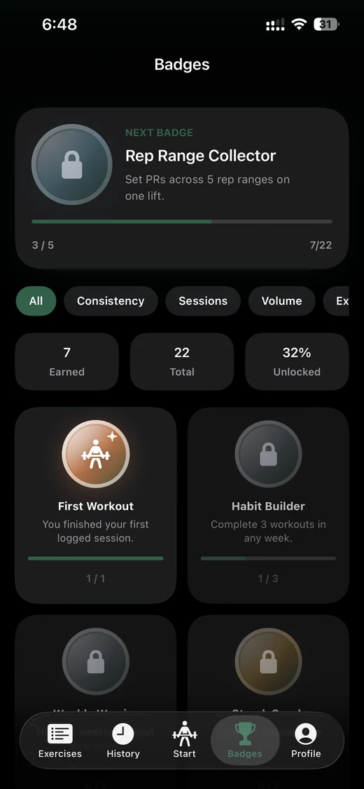 zRep Achievements screen showing badge progress